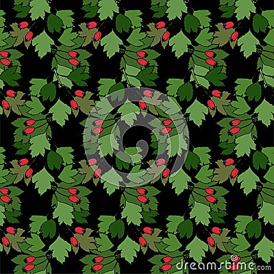 Hawthorn seamless pattern on black. Red fruits green leaves Art design stock vector illustration Vector Illustration